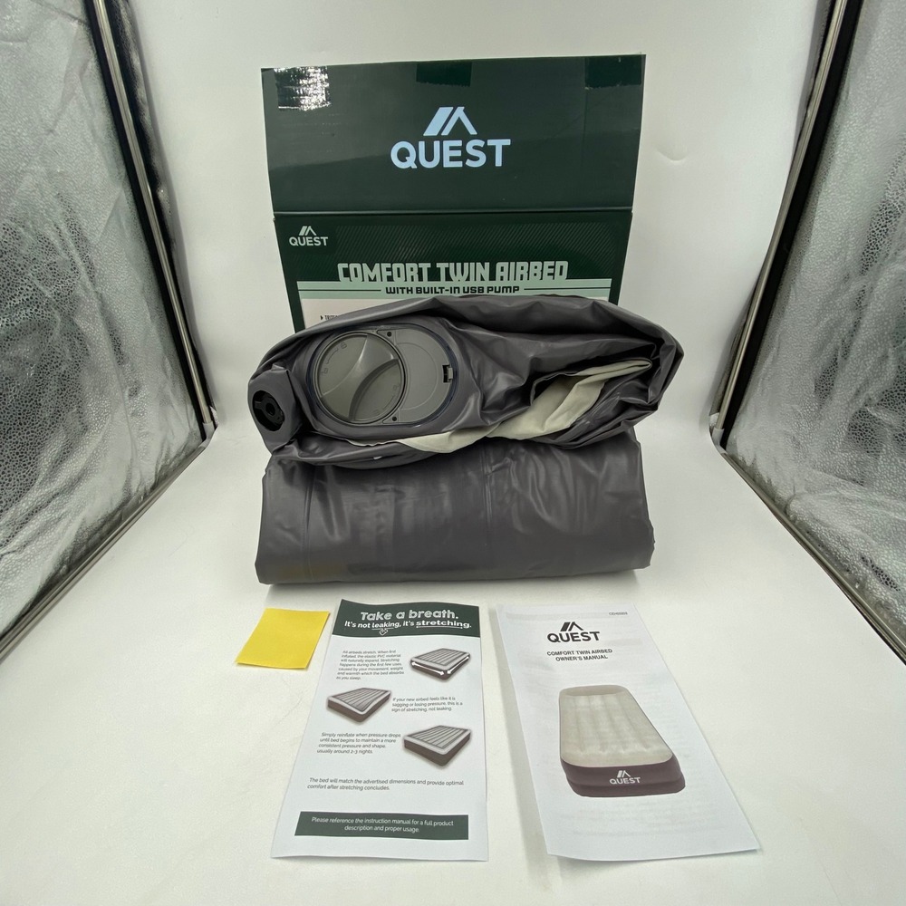Quest Twin Comfort Airbed Gray Built-in USB Pump Tritech Support 75x38x14in High